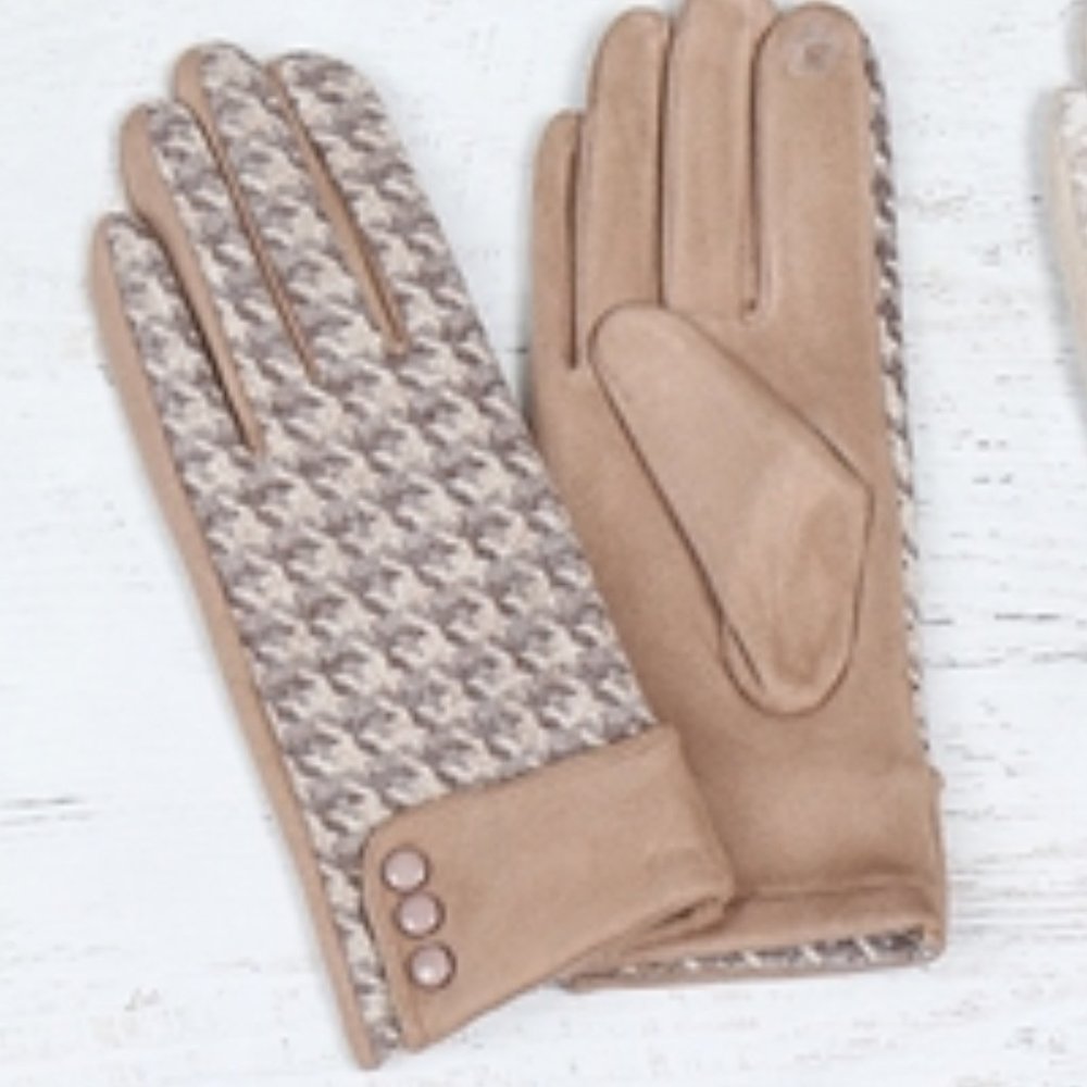 Womens houndstooth print warm smart touch gloves button details - tan - Picture 7 of 9
